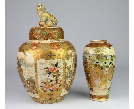 Japanese Satsuma jar and cover, with internal lid, the outer lid with lion finial, decorated with a scene of a warrior on hor