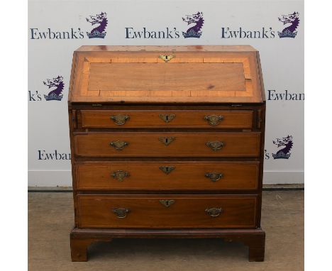 19th century mahogany and crossbanded bureau with fall flap enclosing central cupboard flanked by two narrow compartments, pi