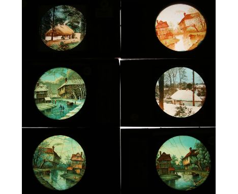 A large collection of magic lantern slides. To include 9 mahogany-mounted long magic lantern slides, each featuring animals, 