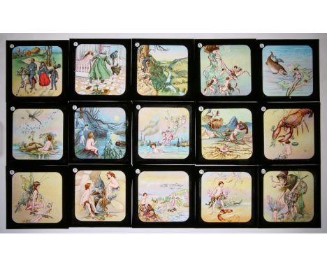 'Water Babies'. A complete set of 24 magic lantern slides. Early 20th century. In original slide box (24). 