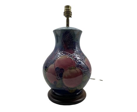 Moorcroft 'Finches &amp; Fruit' pattern table lamp designed by Sally Tuffin, H28cm 