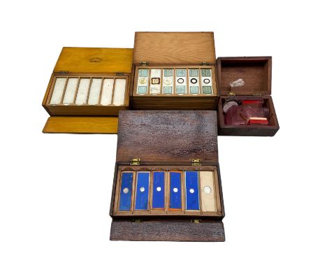 Box of microscope slides with twelve shallow trays, some inscribed 'Marchand, Paris', another box of five shallow trays, anot