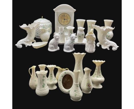 Modern Belleek leaf pattern vase H27cm, various other Belleek vases, oval frame,  Donegal vase, Belleek mantel clock H25cm, B