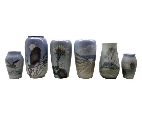 Two Royal Copenhagen porcelain ovoid form vases decorated with a seascape and Cactus, no. 237 H19cm, two further Royal Copenh