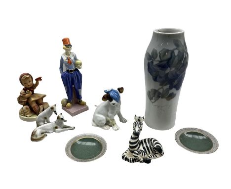 Royal Doulton figure Derrick HN1389, Royal Copenhagen vase no. 1845/232 &amp; a pair of crack glazed pin dishes, a Hummel fig