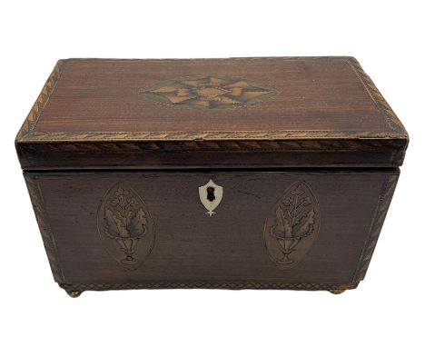 19th century mahogany tea caddy with chevron banding and inlaid with vases of flowers etc, the interior with two covered cont