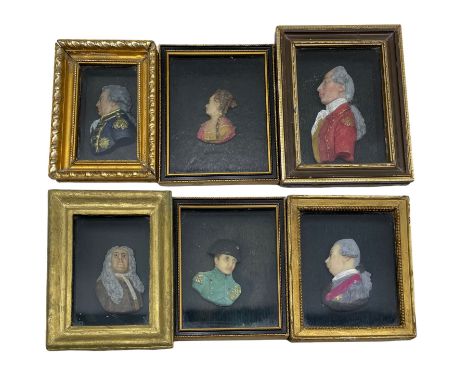 Six 19th/ early 20th century wax portraits depicting Napoleon, Charles Edward Stuart, Samuel Pepys, Thomas Masterman Hardy, G