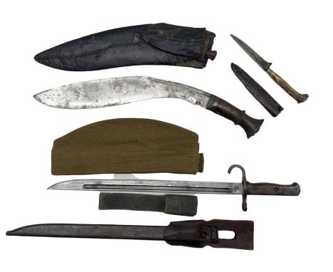 Japanese World War II bayonet with metal scabbard and leather frog, Nepalese Kukri, German knife with stag horn handle and sh