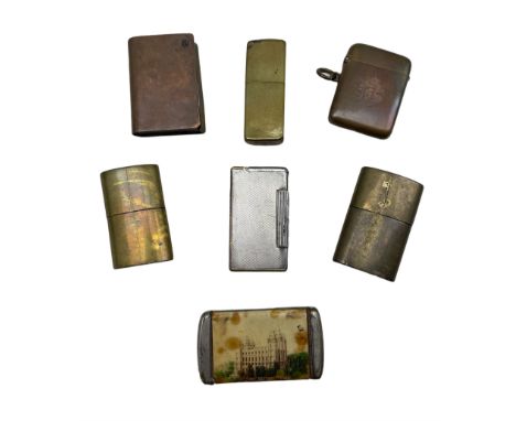 Three Trench type brass lighters, novelty book form lighter, Victorian vesta case, Art Deco silver-plated lighter and another