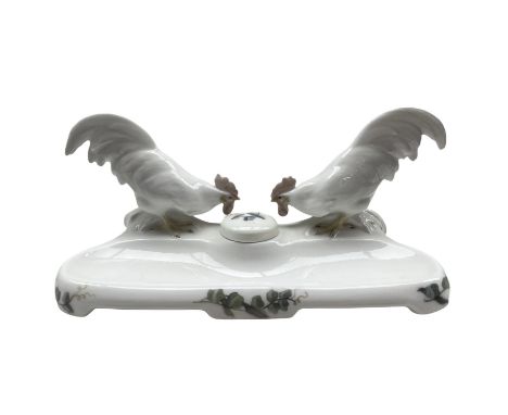 Royal Copenhagen Cockerel Inkstand no. 524 designed by Christian Thomsen, L23.5cm Condition Report:Inkwell cover has been res