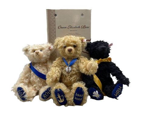 Three Steiff bears 'Queen Elizabeth Bear' commemorating her 80th birthday, light blond, 32cm (boxed), 'Prince of Wales Bear',