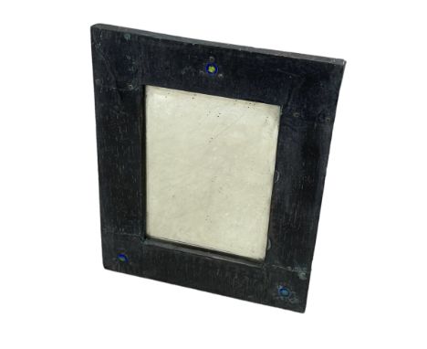 Arts &amp; Crafts rectangular copper wall mirror with three blue and green enamel roundels, 38cm x 31cm 