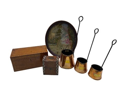 Victorian mahogany tea caddy with inlaid chequer strung borders, the interior containing three canisters L25.5cm, set of thre