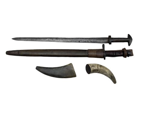 Two horn powder flasks, Eastern short sword with horn hilt, blade length 48cm and a Remington bayonet dated 1917 with a leath