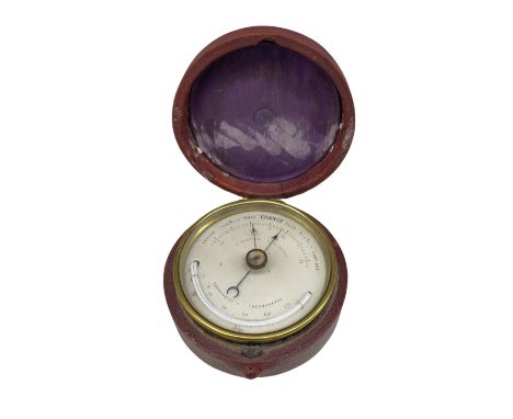 Victorian travelling barometer and thermometer by F West, 1 St James's St and engraved with a monogram in red leather case, t