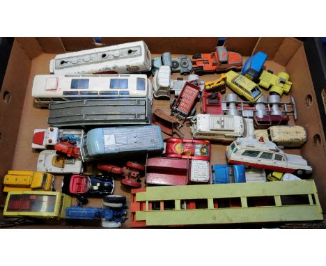 Box of assorted play worn Dinky die cast vehicles including car transporter 582, TV mobile control room, Vega Major luxury co