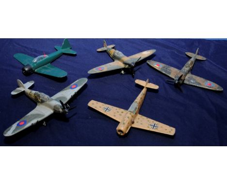 Selection of Dinky die cast planes including Mitsubishi Zero, two x Spitfires, Messerschmitt Hawker Hurricane (a/f)
