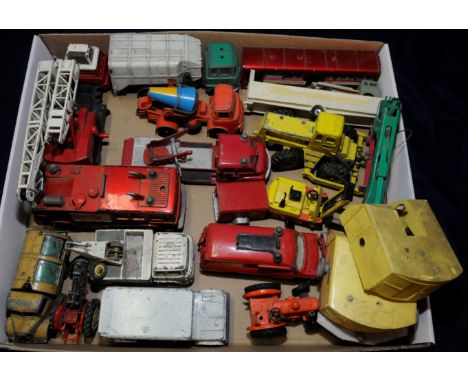 Selection of play worn Dinky die cast vehicles including Merryweather Marquis Fire Tender, turntable fire escape, excavator e