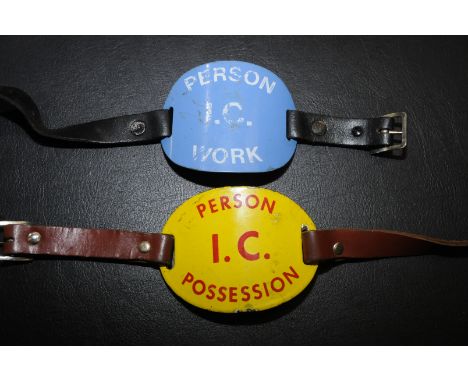 Enamel railway Person I.C Possession arm band in yellow and other similar work arm band in blue (2)
