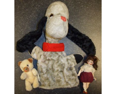 Small bisque head doll on composit body, Sweep hand puppet and a small jointed teddy bear
