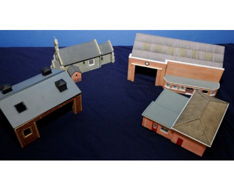 Bachmann pre-built fire station, scratch built engine shed, Hornby Skaledale church etc.