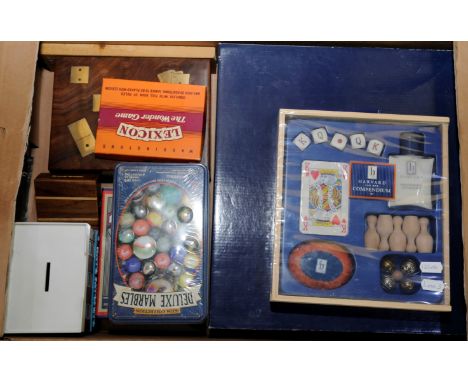 Selection of games including House Of Marbles Labyrinth, Harvard Compendium For Men, Kids Collection Of Deluxe Marbles in ori