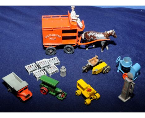Die cast milk float with milkman, horse, 6 milk crates and 1 churn, Dinky die cast model of AA patrolman on motorbike with si