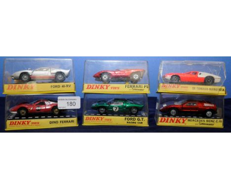 Six Dinky die cast models in original perspex display boxes Ferrari P5 (220), Ford GT Racing Car (215), De Tomaso-Mangusta (1