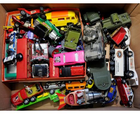 Box of assorted die cast vehicles including Dinky wheelbarrow, Corgi Major Mac Truck & trailer, Corgi Toy Centurion MK III ta