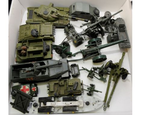 Box of Dinky military die cast vehicles including cheiftan tank, striker, bren gun carrier, 7.5cm tank destroyer, osa missile