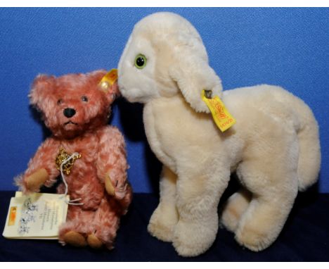 Steiff lamb with button to ear (5474/21) and pink mohair Historic Steiff Miniatures VII with button to ear (029608)