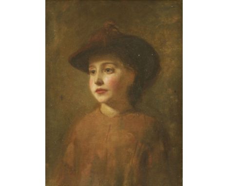 Hugh Cameron RSA (1835-1918)PORTRAIT OF A YOUNG GIRL, PROBABLY ISABEL, THE ARTIST'S DAUGHTER, HALF LENGTH, IN A BROWN SMOCK A