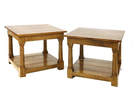 A pair of solid oak lamp tables,modern, the square tops on turned supports and undertiers,75cm square60cm high (2)Provenance: