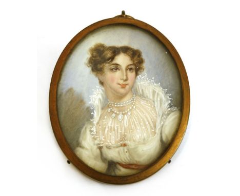 English School, mid-19th centuryPORTRAIT OF A LADY, HALF LENGTH IN A WHITE DRESS AND PEARL NECKLACEMiniature on ivory72 x 58m