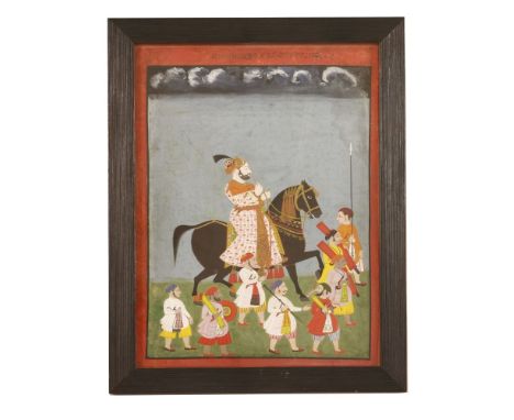 A portrait of Maharaja Prithvi Singh,19th century, depicting him seated on horseback, with attendants, within a red border, w
