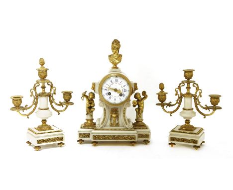A late French white marble and ormolu clock garniture, late 19th century, the clock with a white enamel dial and blue Roman n