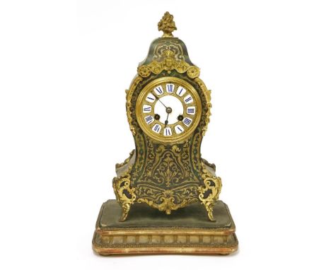 A French boullework mantel clock,19th century, with stained green tortoiseshell body enclosing a white enamel dial, all raise