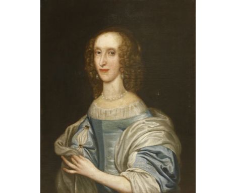 English School, late 17th centuryPORTRAIT OF A LADY, HALF LENGTH, IN A BLUE AND WHITE SILK DRESSOil on canvas76 x 63cmProvena