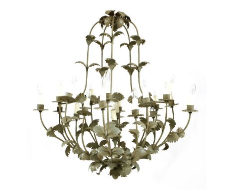 A large toleware twenty-one light electrolier,decorated with applied oak leaves,122cm high