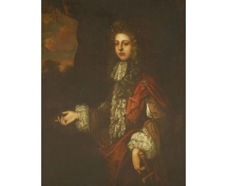 Circle of John Closterman (1660-1711)PORTRAIT OF A  GENTLEMAN, SAID TO BE SIR EDMUND BACON, THREE-QUARTER LENGTH, IN A RED MA