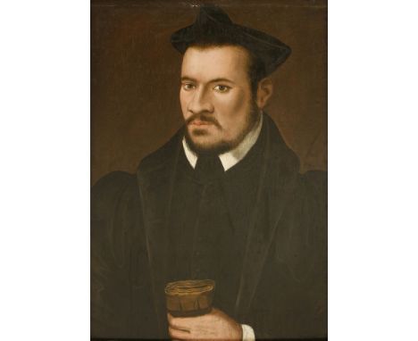 Follower of Willem KeyPORTRAIT OF A GENTLEMAN, HALF LENGTH, IN A BLACK DOUBLET AND CLOAK, HOLDING A PAIR OF GLOVESOil on pane