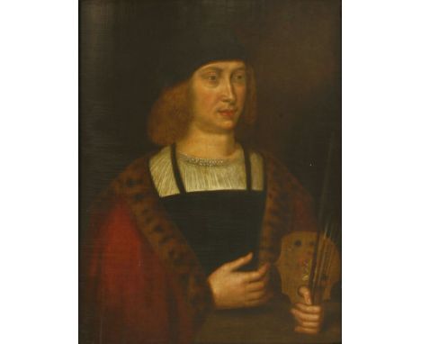Manner of Quentin Matsys PORTRAIT OF AN ARTIST, HALF LENGTH, IN A FUR-TRIMMED CLOAK AND HOLDING A PALETTE AND BRUSHESOil on p