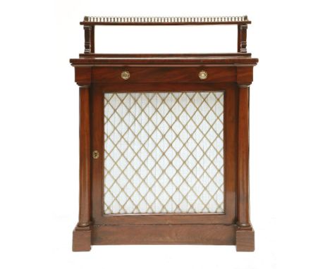 A Victorian mahogany chiffonier,the low raised shelf with a brass gallery, on carved front supports over a frieze drawer and 