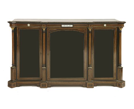 An ebonised and inlaid credenza, late 19th century, the rectangular top over a burr walnut inlaid frieze with applied jasperw