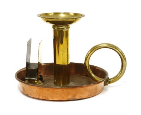A novelty 'Giant' copper and brass chamber candlestick and match case holder,19th century, stamped 'C. Farris London',20cm hi