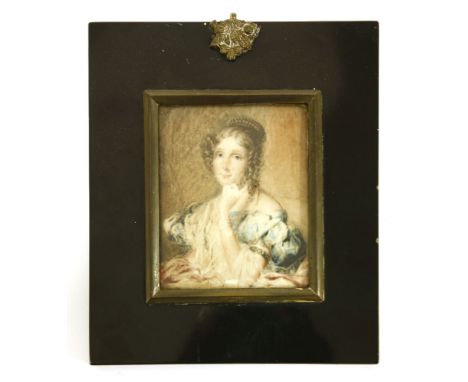 English School, c.1830PORTRAIT OF A LADY, HALF LENGTH, IN A BLUE DRESS AND RED WRAPMiniature on ivory88 x 71mm