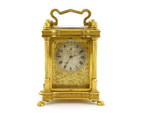 An English brass carriage timepiece, c.1840, inscribed 'N Hart &amp; Son Cornhill, London' on the front and back plates, no. 