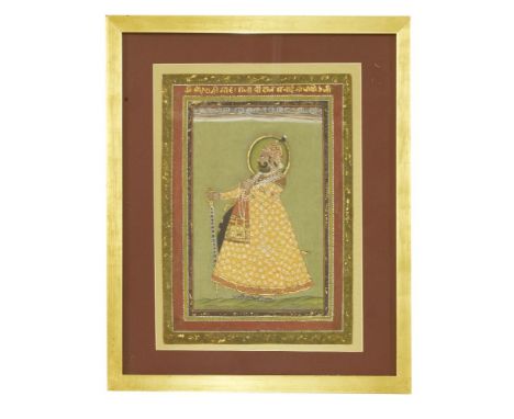 Three Mughal Indian paintings, one of a gentleman in a yellow coat holding a sword, within a multiple banded border with insc