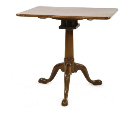 A George III mahogany tripod table,the rectangular top on a birdcage, a gun barrel column and outswept legs,76cm wide50cm dee