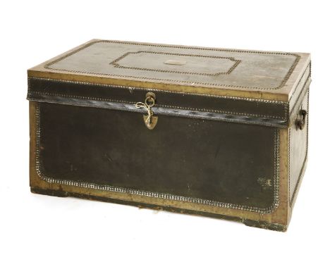 A George III leather and brass-mounted trunk, with a camphorwood liner, a label to the centre of the top, brass studding to t